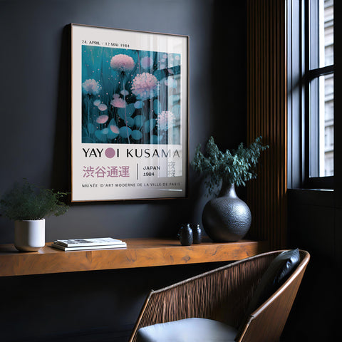 Japandi Wall Art featuring teal dandelions and abstract elements for home office