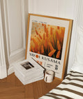 Contemporary fall decor with wheat field poster.