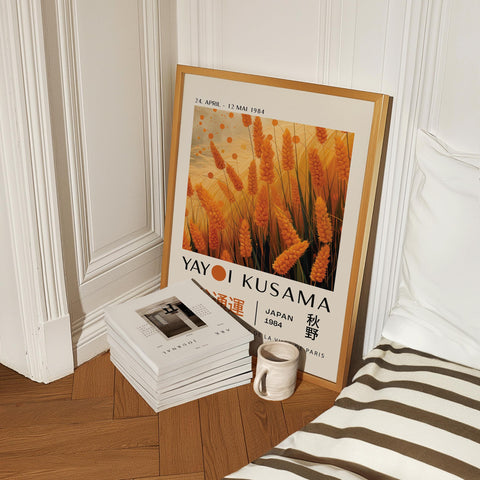 Contemporary fall decor with wheat field poster.