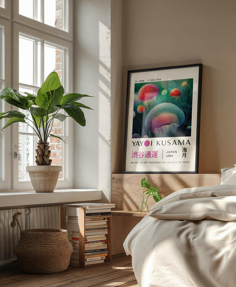 Home decor idea with a Yayoi Kusama jellyfish poster on a stylish wall