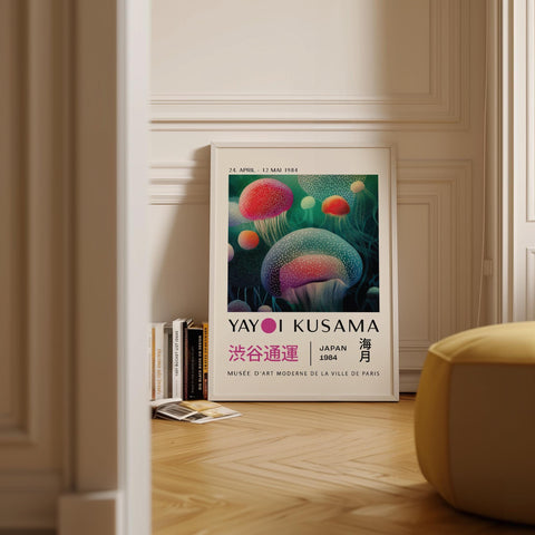 Vibrant jellyfish print by Yayoi Kusama, ideal for unique wall art decor