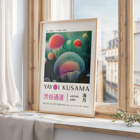 Living room wall art featuring a colorful Yayoi Kusama jellyfish design