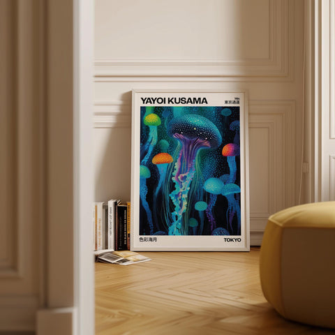 Contemporary colorful poster for home decor, featuring jellyfish.