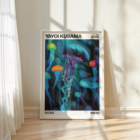 Yayoi Kusama art colorful jellyfish poster for modern wall decor.