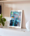 Japanese wall art print featuring colorful jellyfish in abstract style.