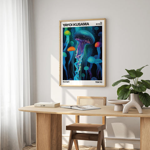 Colorful jellyfish pop art poster for living room or office wall decor.