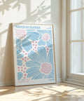 Yayoi Kusama-inspired light blue and pink floral print for home decor