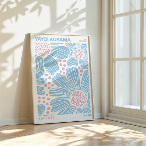 Yayoi Kusama-inspired light blue and pink floral print for home decor