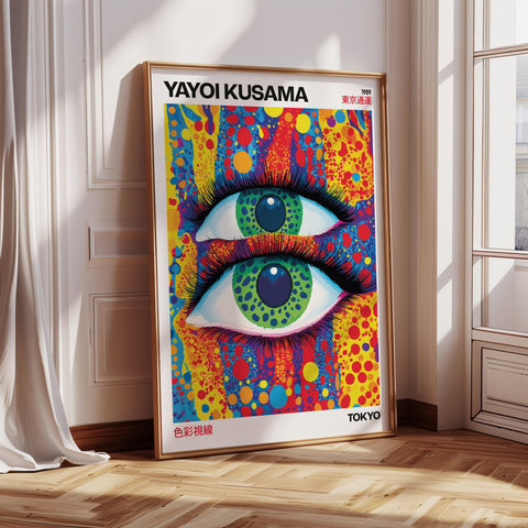 Vibrant Yayoi Kusama colorful wall art with abstract pop art design.