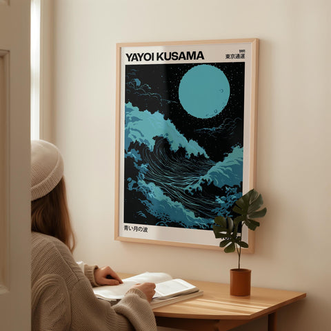 Modern wall art inspired by Yayoi Kusama, featuring a light blue wave design.