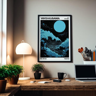 Contemporary Japanese wall art featuring a bold wave in light blue tones.