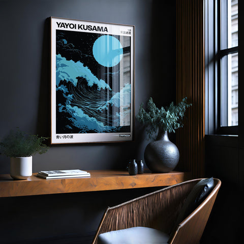 Office wall art featuring a peaceful light blue wave, perfect for Japandi-inspired decor.