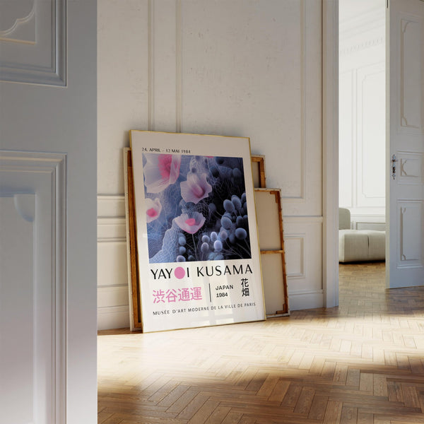 Abstract purple and blue floral art in Kusama style wall decor