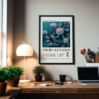 Floral wall art in teal tones inspired by Yayoi Kusama.