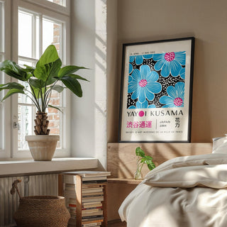 Floral wall art print blending deep blues and pink hues