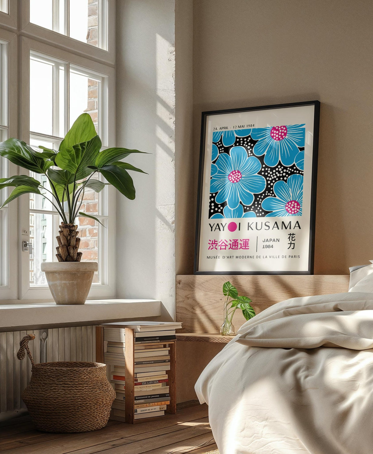 Floral wall art print blending deep blues and pink hues