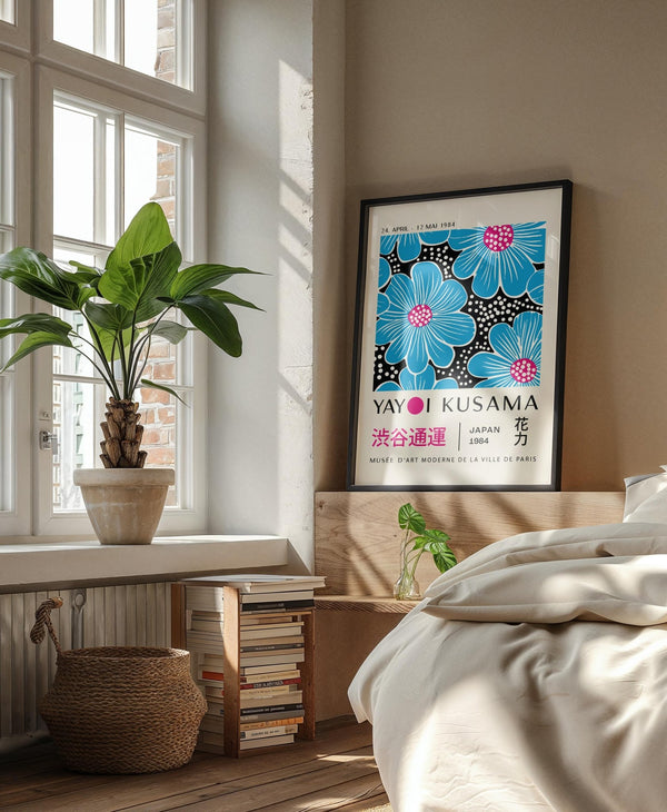 Floral wall art print blending deep blues and pink hues