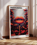 Funky wall art with bold red lips and abstract mushrooms.