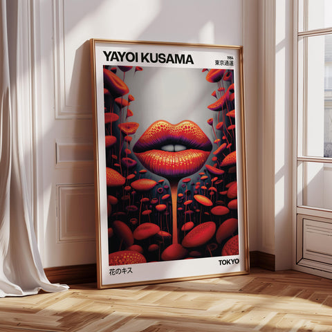 Funky wall art with bold red lips and abstract mushrooms.