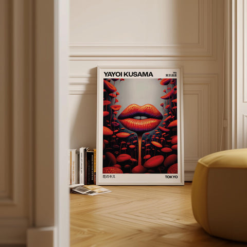 Japanese art print of bold red lips by Yayoi Kusama.