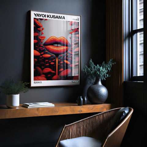 Abstract art print featuring vibrant red lips and mushrooms.