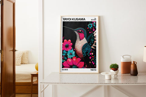 Bold and vibrant hummingbird wall art by Yayoi Kusama.