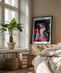 Abstract hummingbird print with vivid colors for bedroom decor.