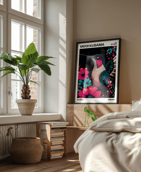 Abstract hummingbird print with vivid colors for bedroom decor.