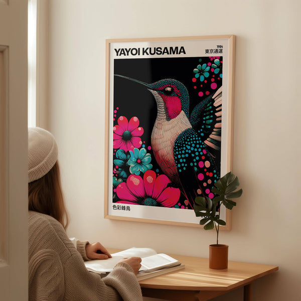 Vibrant large bird prints showcasing hummingbird in mid-flight