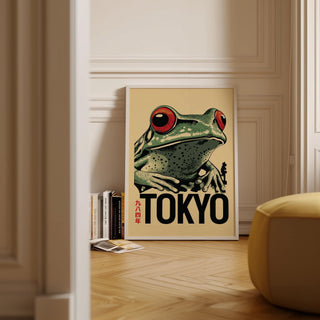 Artistic frog poster blending vintage and modern design