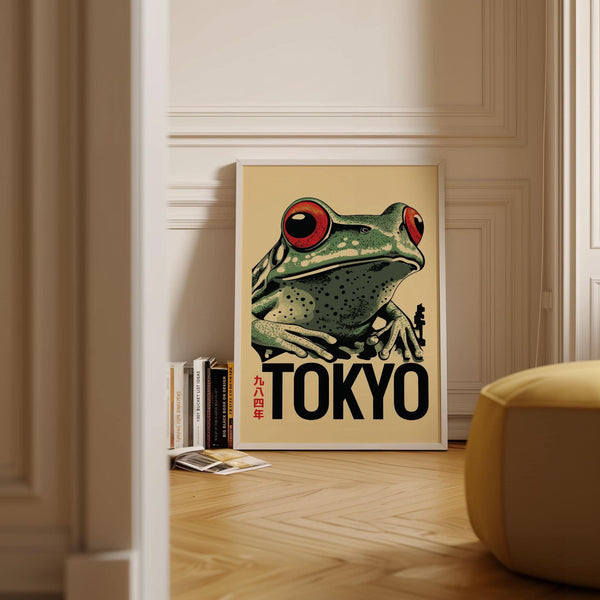 Artistic frog poster blending vintage and modern design