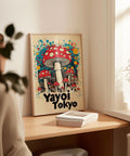 Psychedelic mushroom poster blending urban and natural elements.