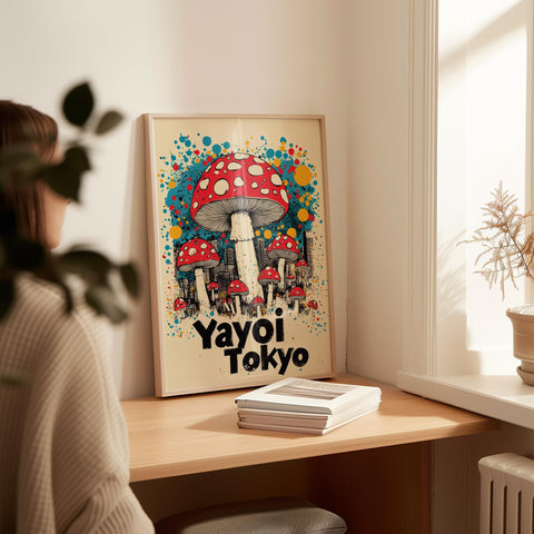 Psychedelic mushroom poster blending urban and natural elements.