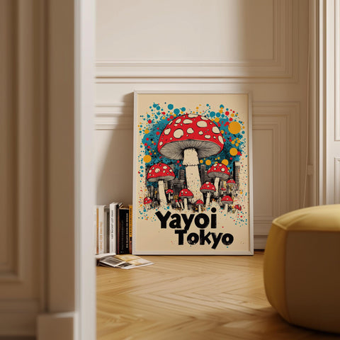 Surreal Tokyo mushroom art print for living room decor.