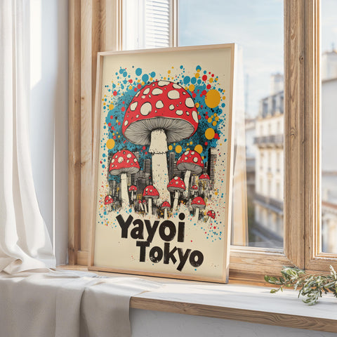 Large red-capped mushrooms in Tokyo cityscape.