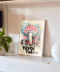 Mushroom art print with splashes of color and city background.