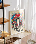 Unique Japanese wall art featuring mushroom and Tokyo skyline.