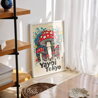 Unique Japanese wall art featuring mushroom and Tokyo skyline.