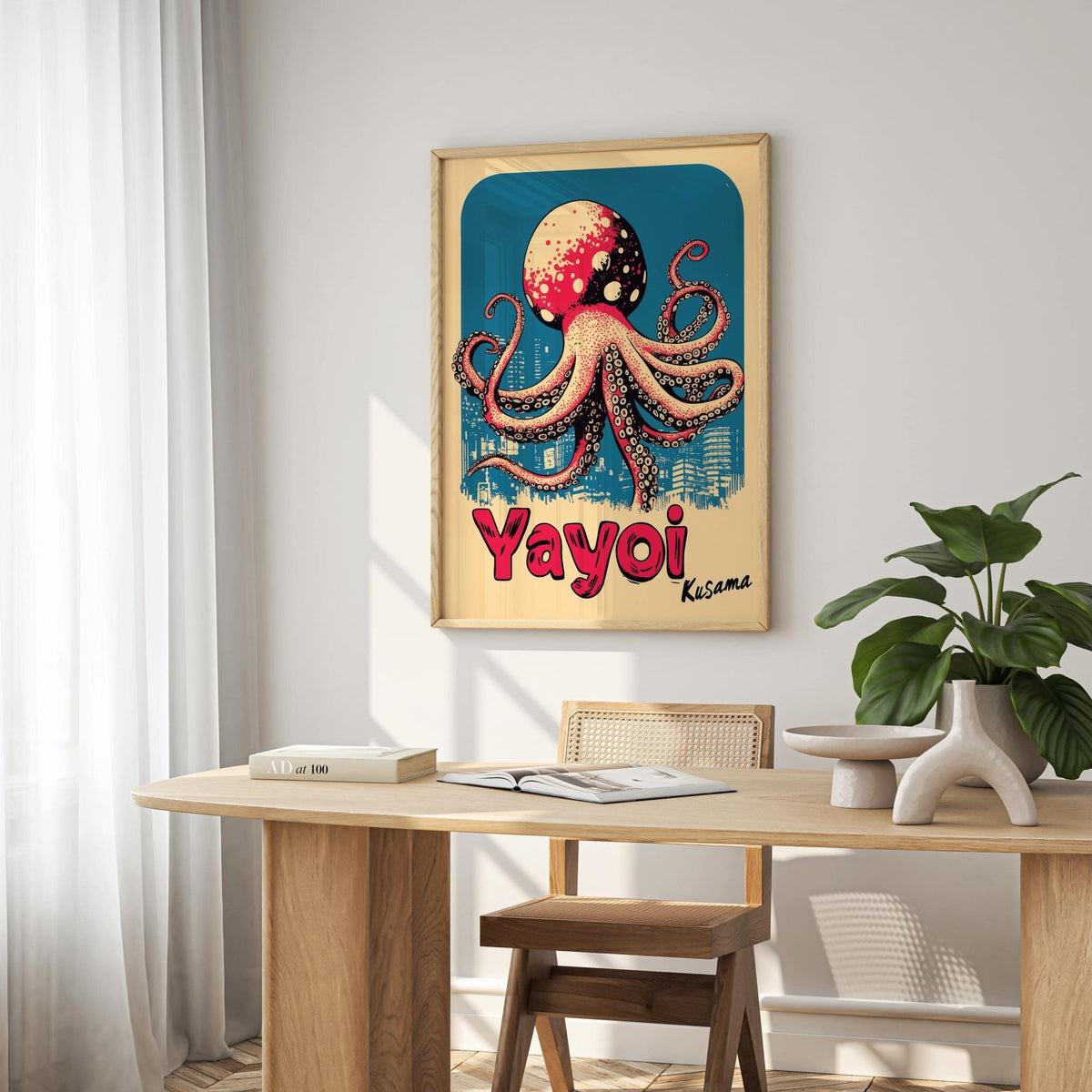 Japanese-style octopus poster art in red and blue for eclectic home decor