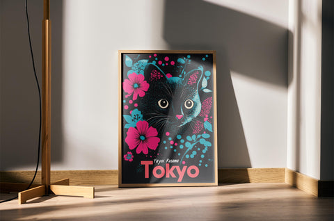 Cat wall art with vibrant floral accents