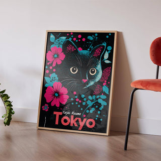 Bright Japanese cat art print with teal and pink floral design for home decor