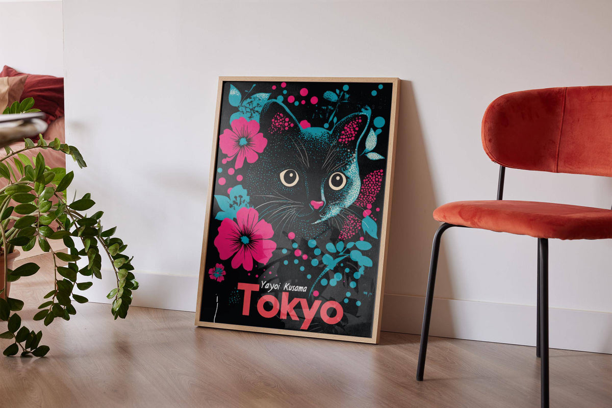 Bright Japanese cat art print with teal and pink floral design for home decor