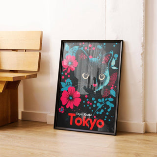 Tokyo-themed Japanese cat art with floral background and black cat