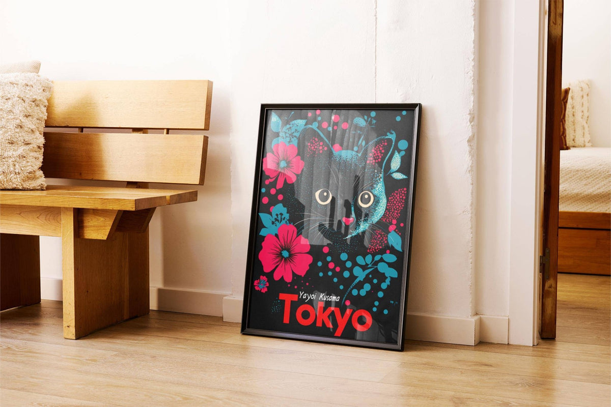 Tokyo-themed Japanese cat art with floral background and black cat