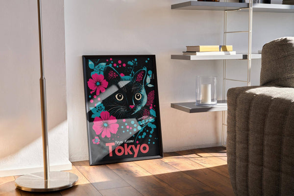 Black cat Japanese cat art poster ideal for modern minimalist interiors