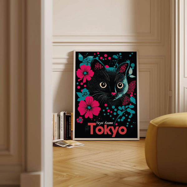 Yayoi Kusama-inspired Japanese cat art perfect for artistic home spaces