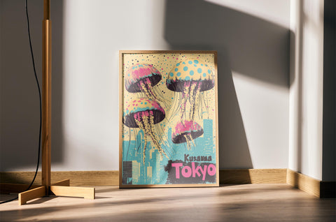 Kusama Tokyo poster featuring jellyfish and cityscape