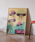 Retro jellyfish print with soft yellows, blues, and pinks