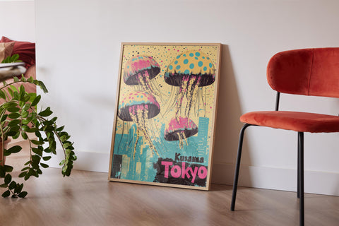 Retro jellyfish print with soft yellows, blues, and pinks