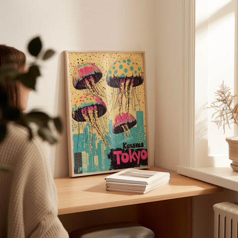 Japanese art poster featuring jellyfish and cityscape